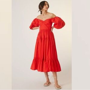 Anthropologie Atsu Off The Shoulder Poplin Midi Dress Red